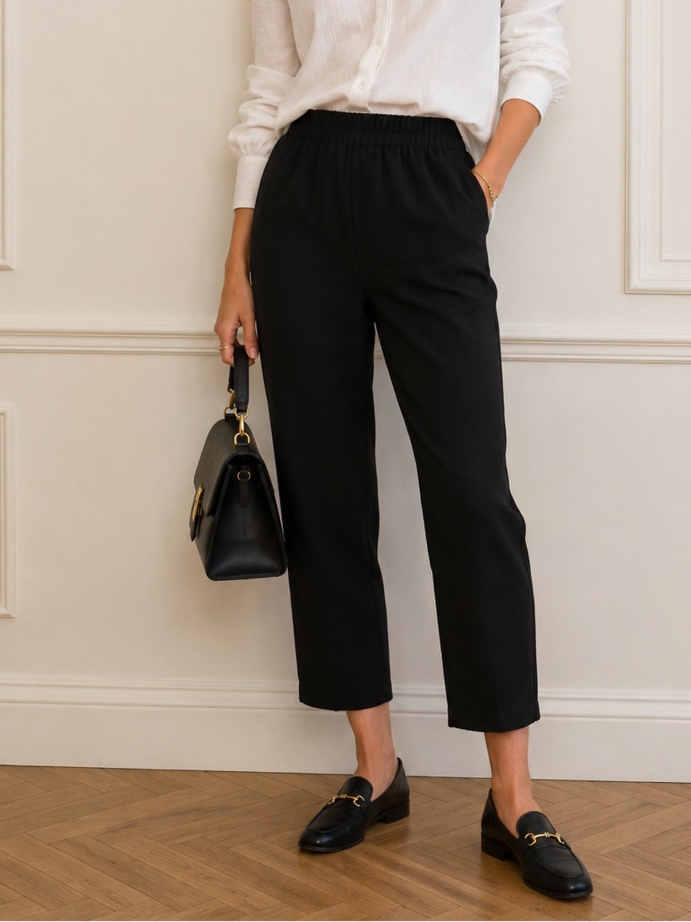 Sézane Black Pull-On Straight Leg Pants High Rise Elastic Waist Career Trousers